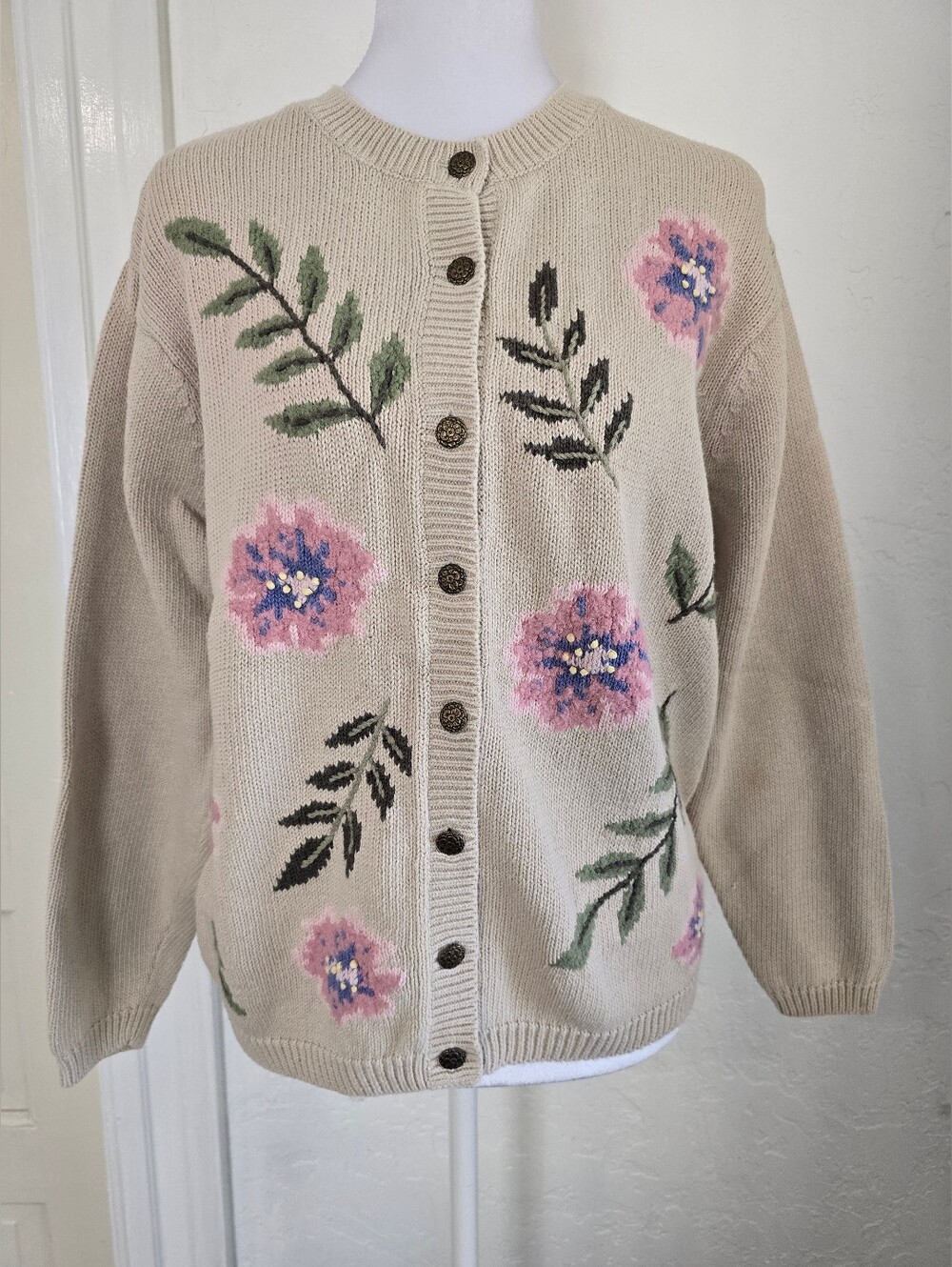 Vintage Northern Reflections Beige Floral Button-Up Sweater Cardigan
